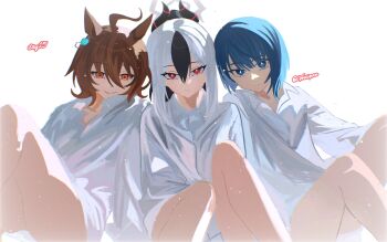 Rule 34 | 3girls, agnes tachyon (umamusume), animal ears, artist name, black hair, blue archive, blue eyes, blue hair, brown hair, closed mouth, colored tips, dated, grin, hair ornament, highres, horse ears, kayoko (blue archive), kiritani haruka, leaning on person, looking at viewer, multicolored hair, multiple girls, project sekai, red eyes, shi draco, shirt, short hair, simple background, sitting, smile, umamusume, white background, white hair, white shirt