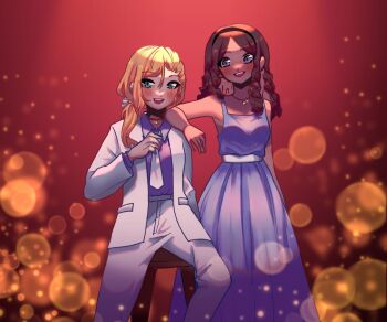 2girls :d adjusting_clothes adjusting_necktie amaryllis_(dr._stone) belt black_hairband blonde_hair blue_dress blurry blush bokeh brown_hair choker dark-skinned_female dark_skin depth_of_field dr._stone dress formal_clothes green_eyes hair_over_shoulder hairband jacket jewelry kohaku_(dr._stone) koharyllis long_hair long_sleeves looking_at_viewer low_ponytail multiple_girls necklace necktie open_mouth pants ponytail purple_dress purple_eyes purple_shirt red_background shirt sitting sleeveless sleeveless_dress smile stool suit white_belt white_jacket white_necktie white_pants