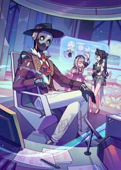 Rule 34 | 2boys, 2girls, absurdres, android, arm up, bare legs, bare shoulders, black hair, black hat, blue dress, blue gloves, bug, butterfly, chair, closed mouth, commentary, dress, english commentary, gloves, green eyes, green gloves, green hair, hair intakes, hat, herta (honkai: star rail), herta (puppet) (honkai: star rail), high heels, highres, honkai: star rail, honkai (series), insect, jewelry, multicolored hair, multiple boys, multiple girls, necklace, nervous, nonanot, on chair, open mouth, pants, pearl necklace, pelvic curtain, profile, purple eyes, ruan mei (honkai: star rail), rubber duck, screwllum (honkai: star rail), sitting, standing, stephen lloyd (honkai: star rail), streaked hair, teeth, white pants