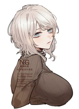 09wave_hb 1girl blue_eyes breasts brown_sweater commentary_request faust_(project_moon) highres large_breasts limbus_company looking_at_viewer parted_lips project_moon ribbed_sweater short_hair sidelocks simple_background solo sweater upper_body white_background white_hair