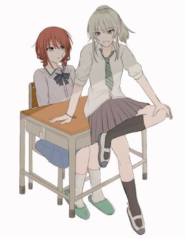 Rule 34 | 2girls, bandaid, bandaid on face, black socks, blue bow, blue bowtie, blue eyes, blue shirt, blue skirt, blush, bow, bowtie, brown hair, chair, commentary request, desk, diagonal-striped clothes, diagonal-striped necktie, dress shirt, girls band cry, grcr pometa1118, grey eyes, grey hair, grey skirt, highres, iseri nina, kawaragi momoka, kneehighs, long hair, low twintails, multiple girls, necktie, open mouth, pleated skirt, ponytail, red eyes, school chair, school desk, school uniform, shirt, shoes, short hair, simple background, sitting, sitting on table, skirt, slippers, socks, striped clothes, tearing up, twintails, uwabaki, white background, white shirt, white shoes, white socks