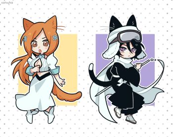 2girls animal_ears artist_name black_hair black_hakama bleach bleach:_sennen_kessen-hen breasts cat_ears cat_girl cat_tail cleavage crop_top drawing_sword dress flower goggles goggles_on_head hair_between_eyes hair_flower hair_ornament hakama hat holding_sword inoue_orihime japanese_clothes kuchiki_rukia large_breasts long_hair midriff multiple_girls navel orange_eyes orange_hair purple_eyes satsumikan shihakusho short_hair shun_shun_rikka simple_background ski_goggles sode_no_shirayuki_(shikai) tail ushanka white_dress zanpakutou