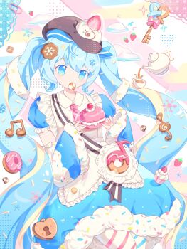 1girl apron aqua_eyes aqua_hair asymmetrical_legwear blue_bow blue_dress blue_eyes blue_hair blue_pantyhose blue_sleeves blush boots bow bowtie brown_boots brown_hat closed_mouth commentary cup cupcake dessert detached_sleeves donut double-parted_bangs dress dress_bow english_commentary food food-themed_clothes food-themed_hat_ornament food_in_mouth foot_out_of_frame frilled_apron frills fur-trimmed_dress fur-trimmed_sleeves fur_trim hair_between_eyes hair_ornament hat hat_ornament hatsune_miku heart highres holding holding_food holding_tongs holding_tray key knee_boots long_hair long_sleeves looking_at_viewer mismatched_legwear necktie official_alternate_costume official_alternate_hairstyle outline pantyhose pink_necktie pink_pantyhose puffy_short_sleeves puffy_sleeves rabbit_yukine short_sleeves smile snowflake_print solo striped_clothes striped_pantyhose teacup teapot tongs tray twintails two-tone_sleeves user_nucc4785 very_long_hair vocaloid watermark wavy_hair white_apron white_bow white_outline wide_sleeves yuki_miku yuki_miku_(2026)