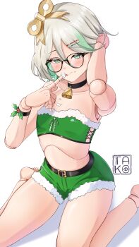 1girl absurdres artist_logo artist_name bandeau bell black-framed_eyewear black_choker blush cecilia_immergreen choker commentary doll doll_joints english_commentary flat_chest full_body fur-trimmed_shorts fur_trim glasses green_bandeau green_eyes green_hair green_santa_costume green_shorts grey_hair hair_ornament hairclip highres hololive hololive_english joints logo looking_at_viewer medium_hair multicolored_hair neck_bell santa_costume shorts simple_background sitting solo stomach takoroki tongue tongue_out twitter_username two-tone_hair virtual_youtuber wariza white_background winding_key wristband