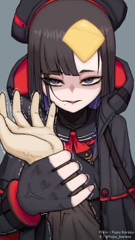 1boy 1girl anger_vein beret black_coat cheese coat commander_(nikke) eunhwa_(nikke) food fuyu_karasu goddess_of_victory:_nikke grabbing_another&#039;s_arm grey_background hat highres looking_at_viewer motion_lines neckerchief purple_eyes purple_hair red_neckerchief sliced_cheese sweat trembling