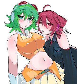 Rule 34 | 2girls, ahoge, artist name, bare shoulders, black shirt, black sleeves, blush, breast pocket, breasts, commentary, detached sleeves, drill hair, goggles, goggles on head, green eyes, green hair, gumi, highres, kasane teto, kasane teto (utau), large breasts, leaning forward, leaning on person, looking at viewer, looking to the side, midriff, multiple girls, navel, orange shirt, parted lips, pleated skirt, pocket, red-tinted eyewear, red eyes, red hair, shirt, short hair, simple background, skirt, sleeveless, sleeveless shirt, sugoiiii, tinted eyewear, twin drills, upper body, utau, vocaloid, white background, white skirt