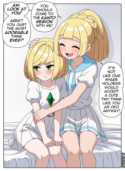 2girls absurdres age_regression aged_down averting_eyes blonde_hair blush child closed_eyes commentary dress english_commentary english_text glasses green_eyes highres lillie_(pokemon) lusamine_(pokemon) mother_and_daughter multiple_girls nico-neko nintendo open_mouth pokemon pokemon_sm ponytail pout short_hair speech_bubble twitter_username watermark web_address white_dress