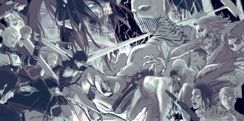 angry armband armin_arlert armor beard beast_titan belt black_hair bleeding blonde_hair blood blood_on_face bodysuit brown_hair cape capelet cart_titan child claws cloak colt_grice connie_springer covered_eyes death dress dual_wielding emblem eren_yeager eyepatch facial_hair facial_mark falco_grice fighting floch_forster founding_titan gabi_braun giant glasses goggles green_cloak greyscale gun hammer hange_zoe helmet helmet_over_eyes highres holding hood hooded_cape hooded_capelet hooded_cloak injury jaw_titan jean_kirstein lara_tybur levi_(shingeki_no_kyojin) long_hair long_sleeves marley_military_uniform medium_hair mikasa_ackerman military military_uniform monkey monochrome muscular muted_color open_mouth pale_color paradis_military_uniform pieck_finger pointy_ears ponytail porco_galliard red_hair rifle rocket rocket_launcher rogue_titan sasha_blouse scar scar_on_face scarf sharp_teeth shingeki_no_kyojin short_hair survey_corps_(emblem) sword teeth theo_magath thigh_strap three-dimensional_maneuver_gear titan_(shingeki_no_kyojin) udo_(shingeki_no_kyojin) undercut vvv020vvv war_hammer war_hammer_titan weapon wire zeke_yeager