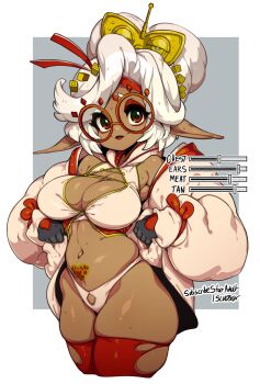 1girl absurdres attribute_slider black_gloves breast_slider breasts cleavage commentary cropped_legs dark-skinned_female dark_skin english_commentary fingerless_gloves gloves grey_background highres jacket looking_at_viewer medium_breasts nintendo orange-framed_eyewear outside_border pointy_ears purah red_thighhighs round_eyewear short_hair slugbox solo sweat the_legend_of_zelda the_legend_of_zelda:_tears_of_the_kingdom thighhighs thighs torn_clothes torn_thighhighs two-tone_background white_background white_hair white_jacket