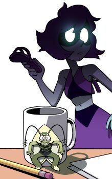 2girls arthropod_girl breasts closed_mouth cockroach_girl colored_skin discount-supervillain flip-flops forehead_jewel gem gem_(steven_universe) glowing glowing_eyes green_skin highres homeworld_gem_uniform lapis_lazuli_(steven_universe) midriff mini_person minigirl multiple_girls peridot_(steven_universe) sandals shirt short_hair steven_universe