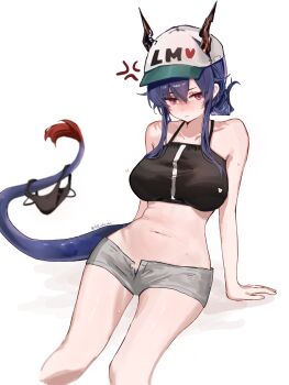 Rule 34 | 1girl, absurdres, anger vein, angry, arknights, arm support, black panties, breasts, brown horns, ch'en (arknights), ch'en (summer) (arknights), closed mouth, clothes writing, commentary, female pubic hair, grey shorts, hair between eyes, hat, heart, highres, hill chuchu, horns, horns through headwear, large breasts, looking at viewer, navel, open fly, panties, peaked cap, pink eyes, pubic hair, purple hair, purple tail, short hair with long locks, short shorts, shorts, simple background, sitting, solo, tail, twitter username, underwear, unworn panties, white background, white hat