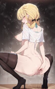 1girl anal_fluid anus arched_back ass black_ribbon black_shoes black_thighhighs blonde_hair blush bottomless bra_strap braid breasts breasts_out censored clothes_lift crop_top dark_background fang fanged_bangs from_behind fujita_kotone full_body gakuen_idolmaster hair_behind_ear hair_over_shoulder hair_ribbon half-closed_eyes high_heels highres idolmaster long_hair looking_at_viewer looking_back low_twin_braids median_furrow medium_breasts mosaic_censoring motion_lines narrowed_eyes nipples off-shoulder_shirt off_shoulder open_mouth perky_breasts presenting presenting_anus profile puffy_nipples pussy pussy_juice pussy_juice_trail raised_eyebrows ribbon shirt shirt_lift shoes skin_fang smile solo sos_adult spread_anus spread_legs spreading_own_anus squatting steam steaming_body sweat swept_bangs thighhighs trembling twin_braids wet wet_clothes wet_shirt white_shirt wide_spread_legs yellow_eyes