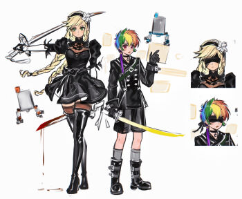 2b_(nier:automata) 2b_(nier:automata)_(cosplay) 9s_(nier:automata) 9s_(nier:automata)_(cosplay) :o applejack applejack_(equestria_girls) arm_at_side arm_behind_back back-to-back black_boots black_bow black_dress black_gloves black_hairband black_jacket black_sailor_collar black_shorts blindfold blonde_hair blood bloody_weapon blue_hair boots bow braid breasts bright_pupils brown_thighhighs buttons chinese_commentary chromatic_aberration closed_mouth commentary_request cosplay covered_eyes crossdressing crossdressing_(ftm) crossed_legs double-breasted dress dress_bow elbow_gloves flat_chest flower flower_hairband freckles full_body gloves green_eyes green_hair grey_socks hair_tie hairband hand_up height_difference highres holding holding_sword holding_weapon jacket katana kewoshixiaodaia knee_boots kneehighs long_hair long_sleeves looking_at_viewer low_ponytail low_twin_braids multicolored_hair my_little_pony my_little_pony:_friendship_is_magic nier:automata nier_(series) open_mouth orange_hair outstretched_arm ponytail puffy_short_sleeves puffy_sleeves purple_hair rainbow_dash rainbow_dash_(equestria_girls) rainbow_hair red_eyes red_hair reverse_grip sailor_collar short_dress short_sleeves shorts side_slit simple_background small_breasts socks standing streaked_hair sword thigh_boots thighhighs twin_braids very_long_hair weapon white_background white_flower white_gloves white_pupils wind zettai_ryouiki