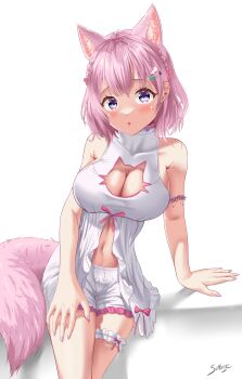 1girl absurdres alternate_hair_length_(shorter) animal_ears blush breasts cleavage cleavage_cutout clothing_cutout commentary dress english_commentary hakui_koyori hakui_koyori_(summer) hand_on_own_leg highres hololive large_breasts looking_at_viewer official_alternate_costume open_mouth pink_hair purple_eyes short_hair shorts sitbge solo tail virtual_youtuber white_dress white_shorts wolf_ears wolf_girl wolf_tail