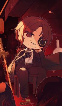 1boy absurdres belt black_belt black_jacket black_pants bottle brown_eyes brown_hair choko_(cup) cup eyepatch food gregor_(project_moon) highres holding holding_cup jacket jacket_on_shoulders katana kurokumo_clan_(identity)_(project_moon) limbus_company looking_at_viewer low_ponytail pants ponytail project_moon sake_bottle solo sword weapon xnol_xaxl yakitori