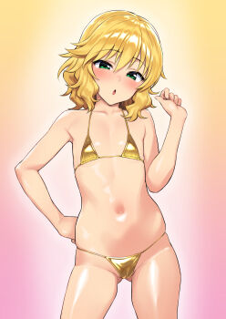 1girl :o bare_arms bare_shoulders bikini blonde_hair blush contrapposto cowboy_shot flat_chest gluteal_fold gold_bikini gradient_background green_eyes hadacra hair_between_eyes hand_on_own_hip hand_up idolmaster idolmaster_cinderella_girls loli looking_at_viewer medium_hair micro_bikini navel open_mouth sakurai_momoka shiny_skin shiny_swimsuit skindentation solo standing stomach string_bikini swimsuit wavy_hair