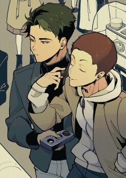 Rule 34 | 2boys, absurdres, black shirt, chocolate, closed eyes, closed mouth, commentary, eating, english commentary, food, full-length zipper, green eyes, green hair, haikyuu!!, hand in pocket, highres, holding, holding food, hood, hood down, hoodie, jacket, male focus, multiple boys, people, red hair, shaved head, shirt, short hair, sideburns, standing, suit jacket, tendou satori, tkr 241, turtleneck, turtleneck shirt, twitter username, ushijima wakatoshi, white hoodie, zipper, zipper pull tab