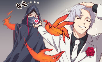 1boy 1girl adjusting_hair black_cloak black_hair black_hood cloak closed_eyes commentary_request fate/strange_fake fate_(series) formal_clothes grey_robe hair_slicked_back hand_on_own_head highres hood hood_up hooded_cloak jacket jester_karture long_hair long_sleeves meme mikky_dksla naoya_hitting_choso_without_looking_(meme) necktie no_name_assassin_(fate) red_eyes robe scene_reference shirt short_hair smile suit white_hair white_suit zabaniya_(fate)