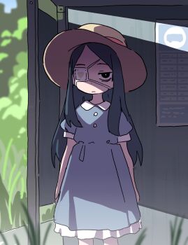 Rule 34 | 1girl, absurdres, black hair, blue dress, bus stop, closed mouth, commentary request, dress, hat, highres, long hair, mask, orenjipiiru, original, outdoors, puffy short sleeves, puffy sleeves, short sleeves, solo, standing