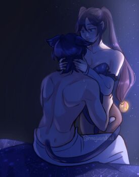 1boy 1girl animal_ears bare_shoulders black_hair blue_eyes breasts brown_pantyhose cat_boy cat_ears cat_tail cleavage closed_mouth collarbone constellation_print detached_sleeves eyelashes frilled_sleeves frills genshin_impact hair_between_eyes half-closed_eyes hand_on_another&#039;s_waist hands_in_hair hetero highres indoors leotard long_hair looking_at_another maju_(majuandrad) median_furrow medium_breasts mona_(genshin_impact) multicolored_hair pantyhose parted_bangs ponytail_holder purple_hair purple_leotard scaramouche_(genshin_impact) shoulder_blades sidelighting sidelocks sitting smile standing star_(symbol) star_print streaked_hair sweat tail tail_around_another&#039;s_leg tail_wrap topless_male towel towel_around_waist twintails twitter_username white_sleeves