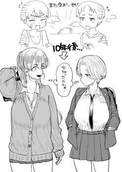 2girls absurdres age_progression blush breasts commentary_request greyscale highres kaiman_garupan large_breasts looking_at_another medium_hair monochrome multiple_girls necktie original reverse_trap school_uniform shirt short_hair sketch skirt speech_bubble standing thought_bubble translation_request