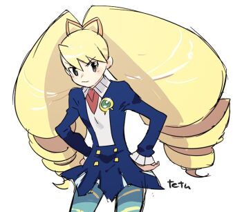 1girl artist_name bad_id bad_twitter_id blue_dress blue_pantyhose blush bow dress drill_hair green_eyes hair_bow hands_on_own_hips long_hair looking_at_viewer luna_platz_(mega_man) mega_man_(series) mega_man_star_force_(series) pantyhose signature simple_background striped_clothes striped_pantyhose tetsu_(teppei) twin_drills very_long_hair white_background