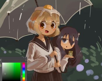 Rule 34 | 2girls, :o, animal, art program in frame, black eyes, black hair, black sailor collar, black skirt, blonde hair, blue eyes, blush, colored sclera, commentary, english commentary, fang, food, food on head, fried egg, frog, green background, hair between eyes, holding, holding animal, holding frog, holding umbrella, jitome, long sleeves, looking at another, looking at viewer, looking to the side, medium hair, multiple girls, mushroom, mushroom on head, object on head, open mouth, parted lips, rain, sailor collar, shadches72, shimeji simulation, shirt, skin fang, skirt, smile, transparent, transparent umbrella, tsukishima shijima, umbrella, white shirt, yamashita majime, yellow eyes, yellow sclera