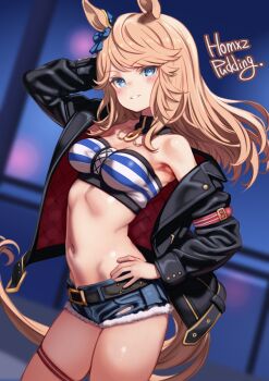 1girl animal_ears arm_behind_head artist_name bandeau belt black_belt black_collar black_jacket blonde_hair blue_bandeau blue_eyes blue_shorts blurry blurry_background bow breasts closed_mouth collar commentary cowboy_shot cutoffs denim denim_shorts depth_of_field detached_collar ear_bow gold_city_(umamusume) hand_on_own_hip highres hip_bones horse_ears horse_girl horse_tail jacket long_hair long_sleeves looking_at_viewer medium_breasts micro_shorts navel off_shoulder open_clothes open_jacket puddinghomhom shorts signature smile solo standing striped_bandeau tail thigh_scrunchie umamusume