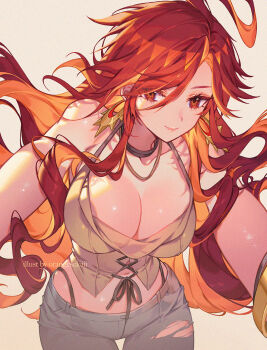 Rule 34 | 1girl, alternate costume, artist name, bare shoulders, breasts, cleavage, closed mouth, commentary, contemporary, genshin impact, hair between eyes, highres, long hair, looking at viewer, mavuika (genshin impact), navel, orange sekaii, pants, red eyes, red hair, simple background, smile, solo, torn clothes, torn pants, y2k fashion, yellow background