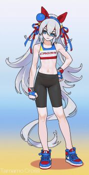 1girl alternate_costume animal_ears blue_background blue_eyes breasts character_name commentary ear_covers full_body gradient_background grey_hair hair_between_eyes highres horse_ears horse_girl horse_tail long_hair looking_to_the_side sarcophage small_breasts solo standing tail tamamo_cross_(umamusume) umamusume yellow_background