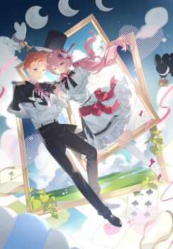 1girl animal black_hat blush breasts card commentary_request couple dress emiya_shirou empty_picture_frame fate/stay_night fate_(series) gaoyue_jixiang hat hat_tip highres jacket letter long_hair long_sleeves magician momomiya_shizuku_(gaoyue_jixiang) moon oc_x_canon orange_hair original pastels picture_frame print_ribbon rabbit red_hair ribbon sky smile top_hat unworn_hat unworn_headwear white_dress