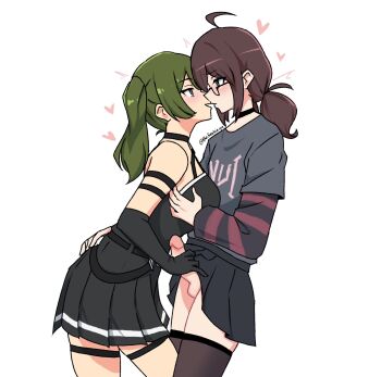 1boy 1girl ahoge artist_self-insert bare_shoulders belt black_belt black_choker black_dress black_sleeves black_thighhighs breasts brown_hair choker commentary cowboy_shot crossdressing dress english_commentary erection flat_chest from_side grabbing_another&#039;s_breast green_hair grey_shirt grey_skirt groping halter_dress halterneck hand_on_another&#039;s_ass hand_on_another&#039;s_chest handjob heart hetero highres imminent_kiss large_breasts layered_sleeves leaning_forward lone_nape_hair long_hair long_sleeves looking_at_another loose_belt medium_hair oc_x_canon original penis pleated_dress pleated_skirt purple_eyes shirt short_over_long_sleeves short_sleeves side_ponytail skirt sleeveless sleeveless_dress sousou_no_frieren standing striped_sleeves the_freakin_yui thigh_strap thighhighs trap trap_on_female ubel_(sousou_no_frieren) uncensored zettai_ryouiki