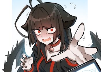 1girl @_@ animal_ears antenna_hair bell black_nails black_serafuku black_wings blue_archive blush cat_ears choker commentary english_commentary flying_sweatdrops highres long_hair neck_bell open_mouth outstretched_arm reaching reaching_towards_viewer red_choker red_eyes school_uniform serafuku sollyz solo tsurugi_(blue_archive) wings