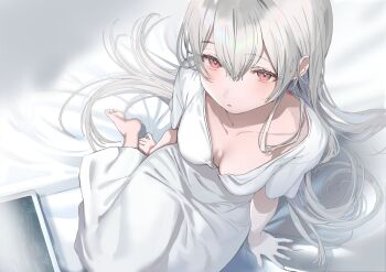 1girl barefoot blush breasts breasts_apart closed_mouth collarbone commentary_request double-parted_bangs dress grey_hair hair_between_eyes hakuchuumu_no_aojashin long_hair looking_at_viewer medium_breasts official_art red_eyes second-party_source shimofuri short_sleeves sitting solo tablet_pc white_dress yonagi_(hakuchuumu_no_aojashin)