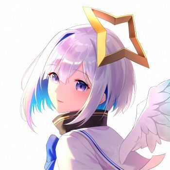 Rule 34 | 1girl, absurdres, amane kanata, amane kanata (1st costume), angel wings, aqua wings, blue bow, blue hair, bow, colored inner hair, commentary request, feathered wings, gradient wings, halo, highres, hololive, looking at viewer, looking back, mini wings, multicolored hair, multicolored wings, orion arte, parted lips, purple eyes, shirt, simple background, single hair intake, star halo, upper body, virtual youtuber, white background, white hair, white shirt, white wings, wings, yellow halo