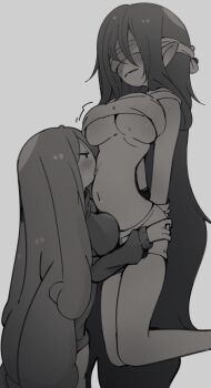 2girls adventure_time alternate_breast_size arms_behind_back blindfold blush bound bound_arms breasts clothes_lift duplicate femdom floating greyscale highres large_breasts licking licking_stomach long_hair marceline_abadeer midriff monochrome multiple_girls navel no_nose pointy_ears princess_bonnibel_bubblegum rokuromi shirt_lift short_shorts shorts simple_background stomach sweat sweater tank_top underboob very_long_hair yuri