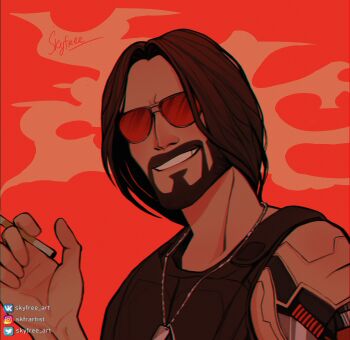 1boy beard black_shirt brown_hair cigarette cyberpunk_(series) cyberpunk_2077 facial_hair facing_viewer grin highres holding holding_cigarette jewelry johnny_silverhand male_focus necklace prosthesis prosthetic_arm red-tinted_eyewear shirt skyfree_art smile solo sunglasses tinted_eyewear