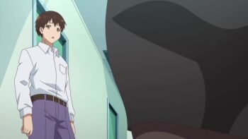 1boy 1girl animated anime_screenshot black_skirt breasts brown_eyes brown_hair cleavage collarbone highres kotesashi_kouyou large_breasts pants pencil_skirt sawaranaide_kotesashi-kun shirt skirt sound tagme video walking white_shirt