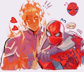 2boys animal_print blue_bodysuit bodysuit fantastic_four highres johnny_storm looking_at_viewer male_focus marvel marvel_rivals mask multicolored_bodysuit multiple_boys print_bodysuit red_bodysuit rogersrival simple_background smile spider-man spider-man_(series) spider_print spider_web_print superhero_costume two-tone_bodysuit yaoi