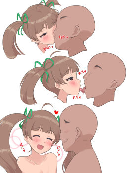 1boy 1girl ahoge bald blush brown_eyes brown_hair closed_eyes closed_mouth collarbone commentary_request cropped_head faceless faceless_male french_kiss green_ribbon hair_ribbon hakozaki_serika heart hetero highres idolmaster idolmaster_million_live! kiss kuda_r18 long_hair looking_at_another multiple_views nude open_mouth ribbon saliva simple_background smile tongue tongue_out twintails white_background