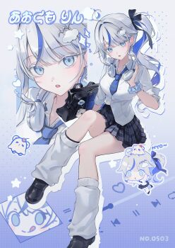 1girl absurdres ahoge aokumo_rin bag bbony_0_0 black_bag black_ribbon black_shoes black_skirt blue_background blue_eyes blue_hair blue_necktie bracelet breasts chibi chibi_inset cloud_hair_ornament collared_shirt commentary dress_shirt full_body gradient_background hair_ribbon handbag headphones headphones_around_neck highres jewelry kneehighs kurimi_(aokumo_rin) large_breasts long_hair loose_socks miniskirt multicolored_hair necktie plaid_clothes plaid_skirt pleated_skirt ribbon scrunchie shirt shoes side_ponytail sitting skirt sleeves_rolled_up socks stellive streaked_hair symbol-only_commentary virtual_youtuber white_background white_hair white_shirt white_socks wrist_scrunchie zoom_layer