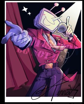 1boy ant_tenna aracn0 belt belt_buckle black_belt black_pants blush buckle character_name commentary commission corrupted_twitter_file cowboy_shot crt curtains deltarune english_commentary gloves hands_up highres holding holding_microphone male_focus microphone necktie object_head outstretched_arm pants pointy_nose signature smile solo sparkle spotlight stage stage_curtains tailcoat utdr_(toby_fox) white_gloves yellow_necktie