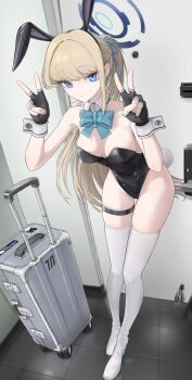 1girl absurdres alternate_color alternate_hairstyle animal_ears black_gloves black_leotard blue_archive blue_bow blue_bowtie blue_eyes boots bow bowtie braid breasts detached_collar door double_v fake_animal_ears fingerless_gloves full_body gloves halo high_ponytail highleg highleg_leotard highres leotard looking_at_viewer medium_breasts mildt playboy_bunny ponytail rabbit_ears rabbit_tail solo suitcase tail thigh_boots thigh_strap thighs tile_floor tiles toki_(blue_archive) toki_(bunny)_(blue_archive) v wrist_cuffs