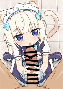 1boy 1girl absurdres aged_down alternate_hair_length alternate_hairstyle animal_ear_fluff animal_ears apron bar_censor blonde_hair blue_bow blue_dress blue_eyes blue_shoes blush bow cat_ears cat_girl cat_tail censored chinese_commentary commentary_request dress hair_bow hetero highres keven_(ewdx3754) loli long_hair looking_at_penis maid maid_apron maid_headdress mary_janes nekopara open_mouth paid_reward_available pantyhose penis penis_grab pov pov_crotch puffy_short_sleeves puffy_sleeves shoes short_sleeves sitting solo_focus tail tile_floor tiles vanilla_(nekopara) waist_apron wariza white_apron white_pantyhose white_wrist_cuffs wrist_cuffs