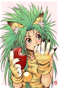 Rule 34 | 1girl, animal ear fluff, animal ears, animal hands, animal print, cat ears, cat girl, cham cham, claws, collar, commentary request, darumatensi, dress, finger in own mouth, food, food request, gloves, green eyes, green hair, hair ornament, hands up, holding, holding food, long hair, looking to the side, low-tied long hair, paw gloves, pink background, samurai spirits, signature, sleeveless, sleeveless dress, solo, sphere hair ornament, spiked hair, tiger print, torn clothes, torn dress, upper body, yellow dress, yellow gloves