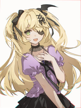 1girl :d alternate_costume black_bow black_choker black_ribbon black_skirt blonde_hair bow choker dress_shirt eyepatch fischl_(genshin_impact) floating_hair genshin_impact green_eyes hair_bow hair_ribbon highres layered_skirt lolita_fashion long_hair looking_at_viewer open_mouth pleated_skirt purple_shirt ribbon see-through_choker shirt short_sleeves sketch skirt smile solo standing twintails very_long_hair white_background yukiri_(l_ii)