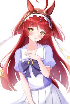Rule 34 | 1girl, ahoge, animal ears, blunt bangs, blunt ends, blunt sidelocks, blush, bow, bowtie, brown headdress, closed mouth, commentary request, frilled hairband, frills, hair between eyes, hairband, highres, horse ears, horse girl, horse tail, long hair, looking at viewer, michizane sgawl, pleated skirt, puffy short sleeves, puffy sleeves, purple bow, purple bowtie, purple shirt, red desire (umamusume), red hair, red hairband, red headdress, red veil, sailor collar, sailor shirt, school uniform, shirt, short sleeves, sidelocks, simple background, skirt, smile, solo, star ornament, tail, tracen school uniform, umamusume, veil, white background, white sailor collar, white skirt, yellow eyes