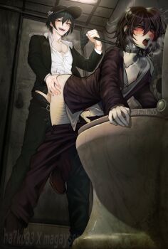 2boys absurdres anal artist_name bent_over black_hair black_jacket black_pants blush brown_shoes clothes_grab collarbone cum danganronpa_(series) danganronpa_v3:_killing_harmony highres jacket magayser male_focus messy_hair multiple_boys necktie necktie_grab neckwear_grab official_alternate_costume oma_kokichi open_mouth pants penis saihara_shuichi sex sex_from_behind shirt shoes short_hair standing standing_sex teeth toilet tongue tongue_out uncensored upper_teeth_only watermark white_shirt yaoi