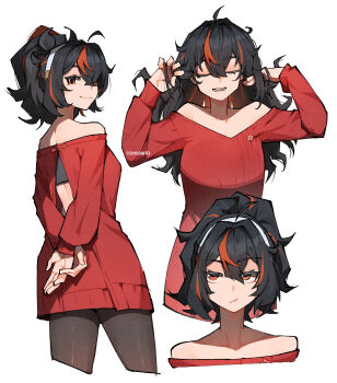 1girl absurdres black_hair breasts cosplay hair_between_eyes hairband highres long_hair multicolored_hair off_shoulder orange_eyes ponytail red_eyes red_hair red_sweater spy_x_family streaked_hair sweater wokiiarts yor_briar yor_briar_(cosplay) zenless_zone_zero zhu_yuan