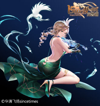 1girl anzumame ass ass_cutout backless_dress backless_outfit between_buttocks bird blonde_hair breasts butt_crack character_request closed_mouth clothing_cutout copyright_notice dress drill_hair falling_feathers feathers gloves green_dress green_eyes green_footwear hair_ornament high_heels holding holding_instrument holding_violin instrument logo long_hair median_furrow official_art sideboob solo the_symphony_of_dragon_and_girls violin white_feathers